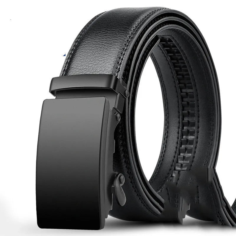 Men's leather belt with automatic buckle, cowhide body, 3.5cm width, black surface finish, size 115cm