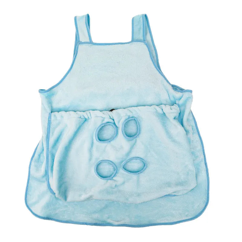 Plush pet carrier apron in beige with adjustable neck strap for small cats and dogs