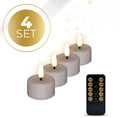 Set of four taupe-coloured S4 LED flameless tealight candles showing size and flickering flame effect.