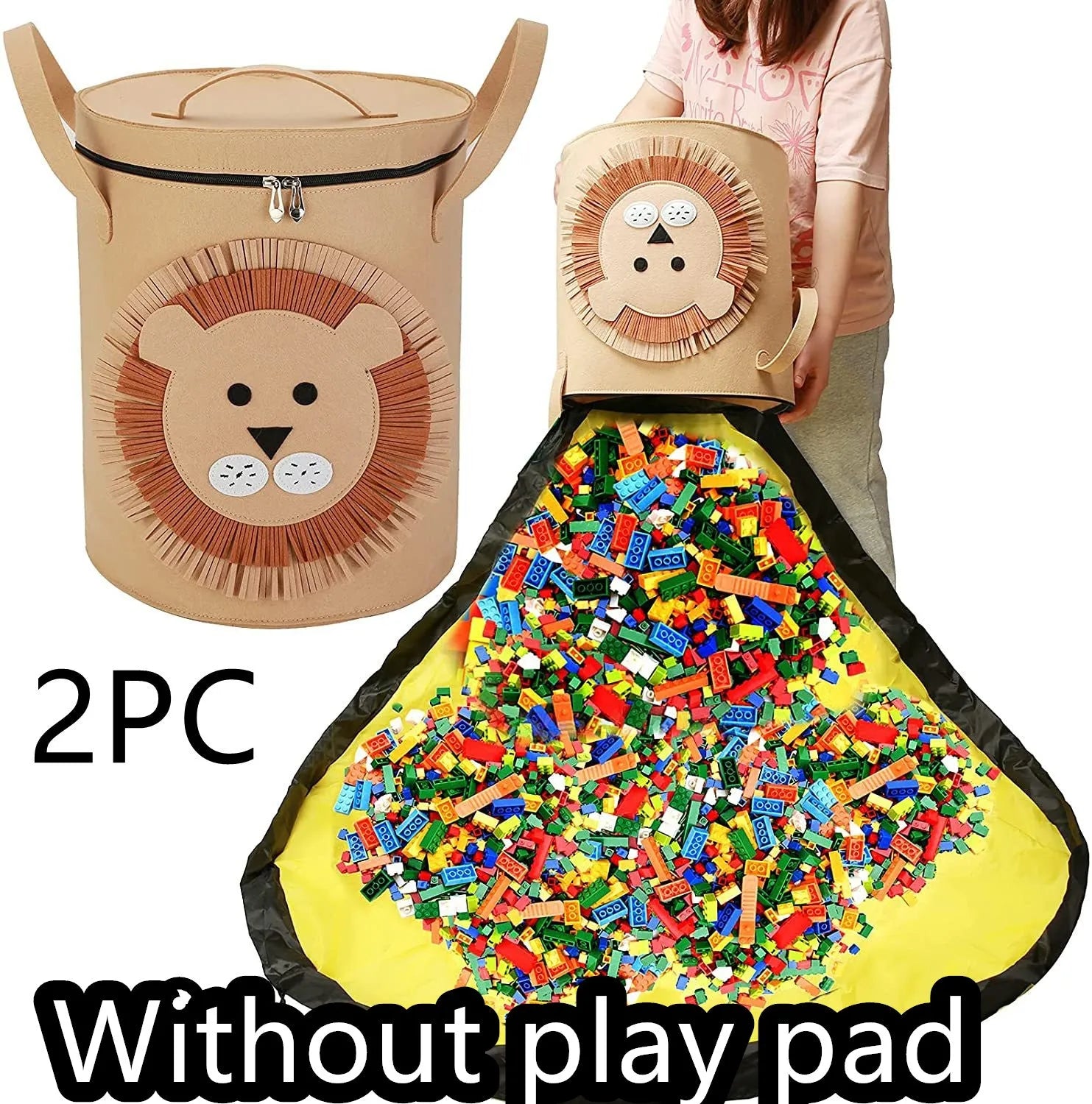 Green felt storage bag converted into a toy play mat with pull rope closure