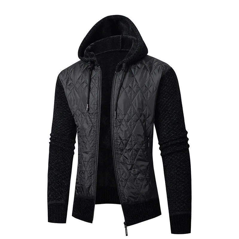 Man wearing a grey hooded zip-front cardigan made of textured wool corduroy with a cinched waist.