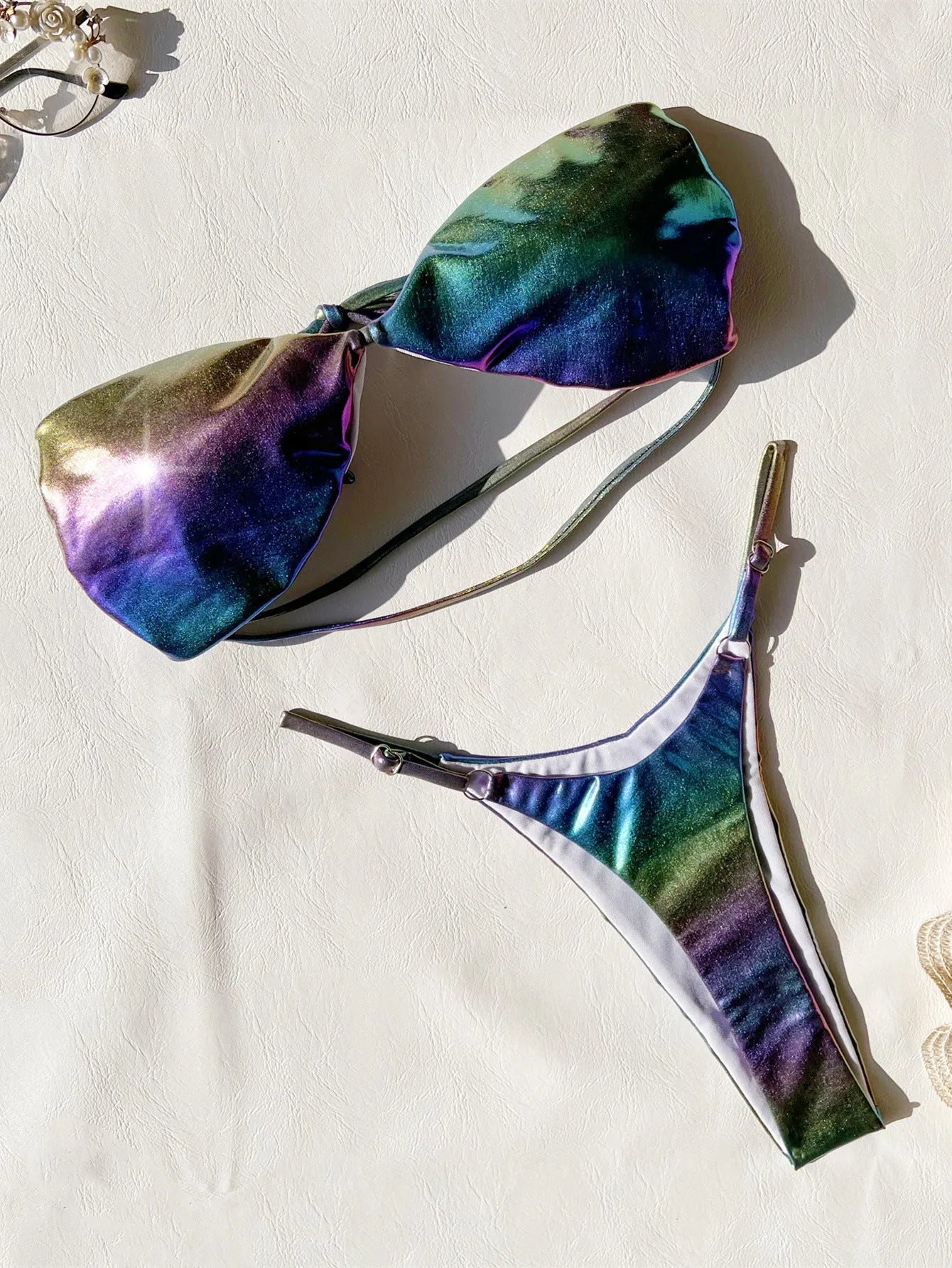 Women's gradient purple polyester bikini swimsuit set shown front and back