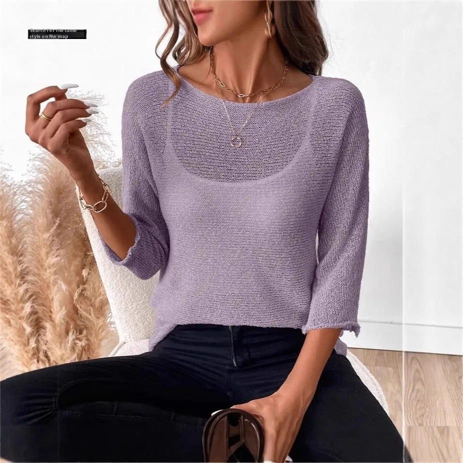 Women's knitted off-shoulder overall jumper in lavender purple with a 3D pattern and 3/4 sleeves.