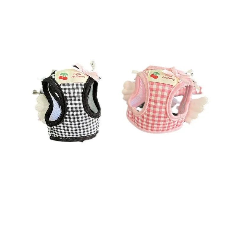 Pink and black cotton chest-back harness with integrated hand-holding rope for small dogs
