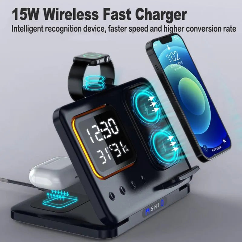 Black and white wireless charging station with LED digital display showing time temperature humidity