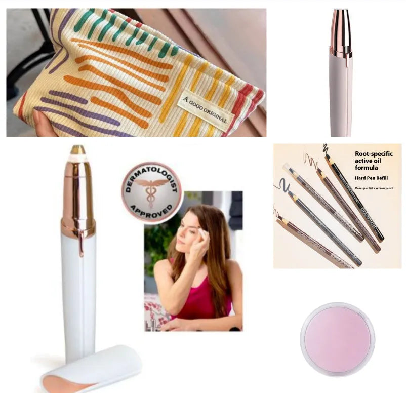 Eyebrow epilator pen with gold plated head and LED light on pink background
