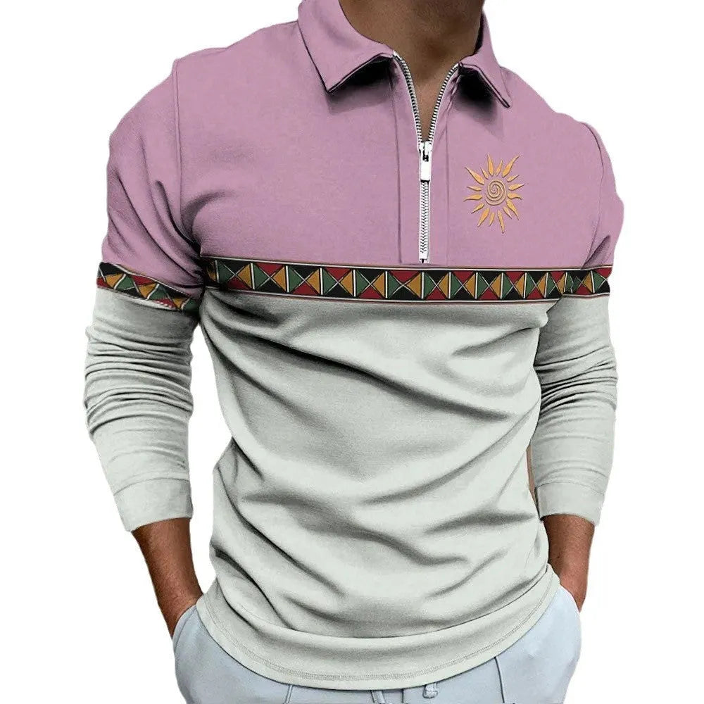 Men's loose fit retro printed golf t-shirt with stripe pattern and zipper decorations on long sleeves