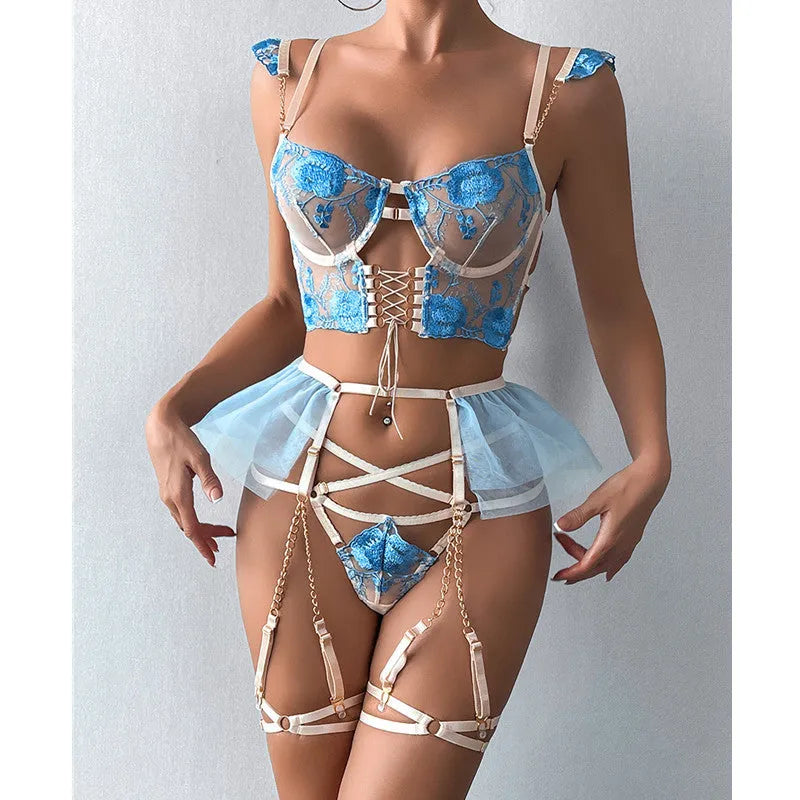 Women's light blue embroidered lace push up bra set with transparent mesh design