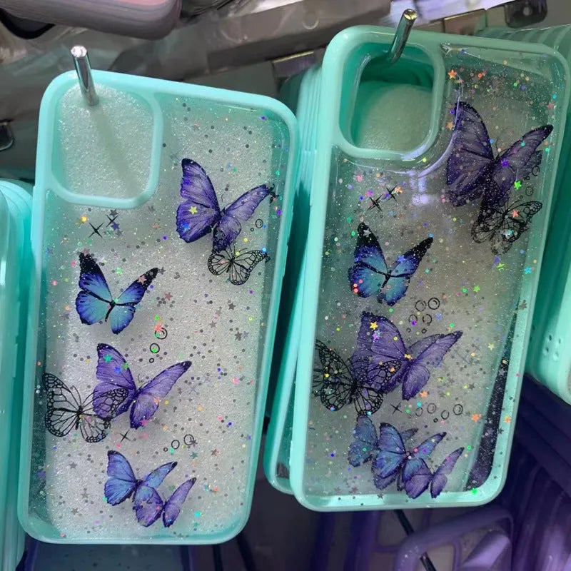 Gray epoxy glitter butterfly TPU phone case for iPhone on white background