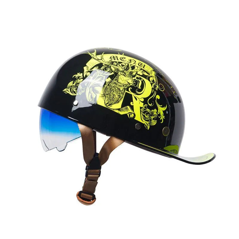 Men's retro half-shell electric bicycle helmet in bright black gradient blue with blue lens