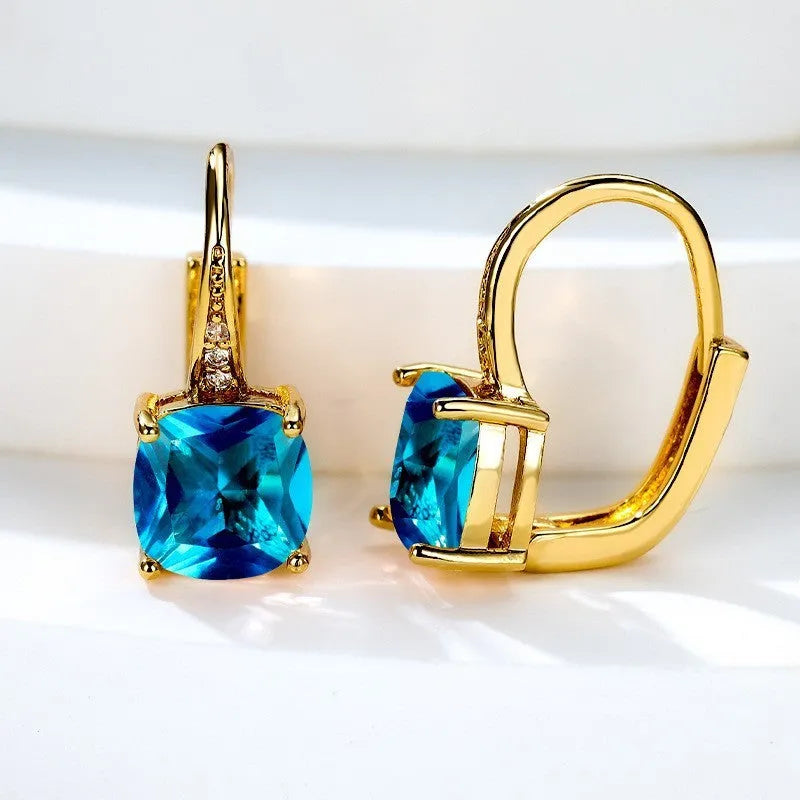 Square zircon inlaid geometric ear hook earrings in a gold electroplated finish