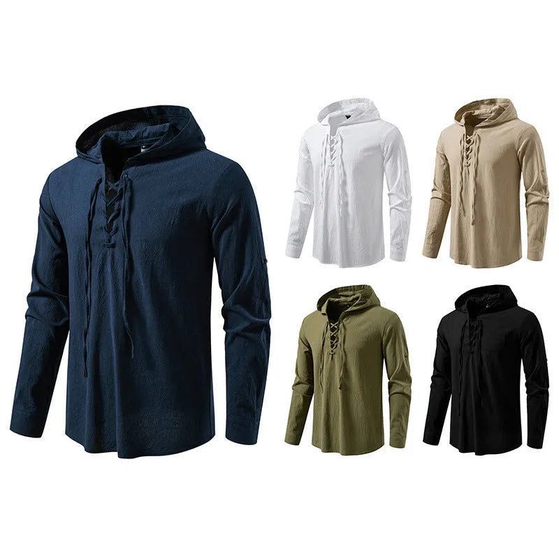 Men's cotton-linen long sleeve shirt with medieval pirate drawstring in khaki colour, slim fit, front view