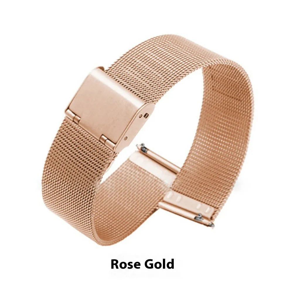 Milani silk woven stainless steel watch band replacement strap with metal clasp in silver, black, rose gold, and gold.