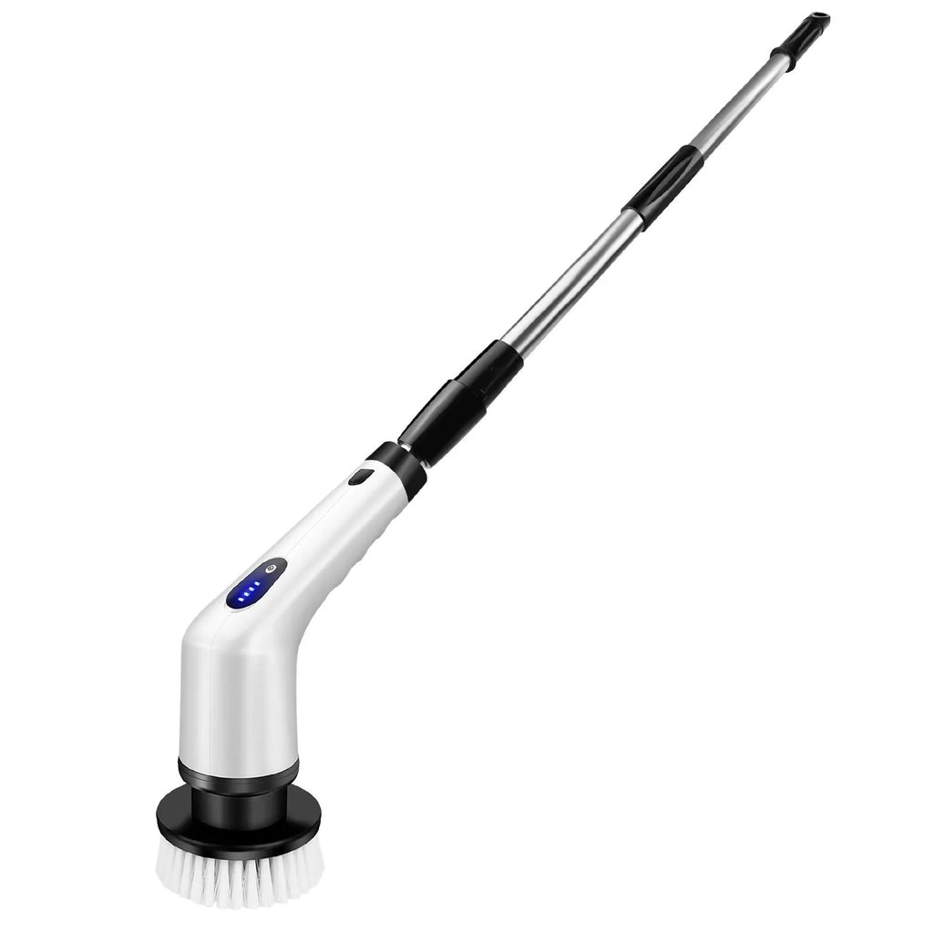 White handheld electric cleaning ball with a brush attachment on a household surface.