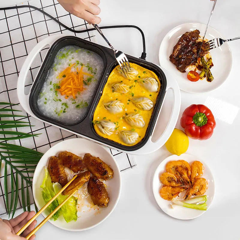 Green and white dual-function electric hot pot with frying pan showing mechanical controls and compact design