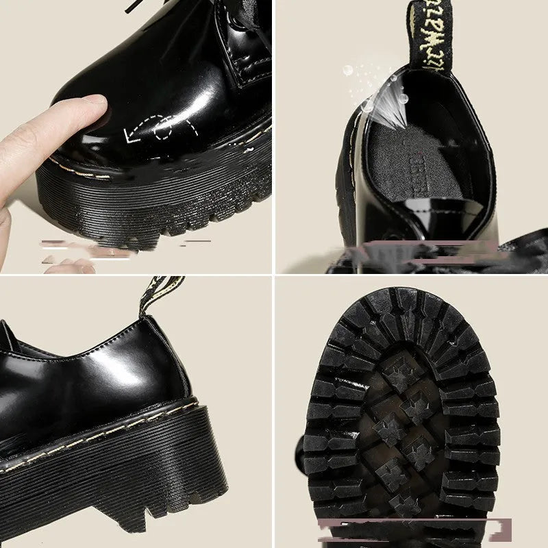 Women's black thick-soled lace-up shoes with ribbon and cross-strap design on a white background.