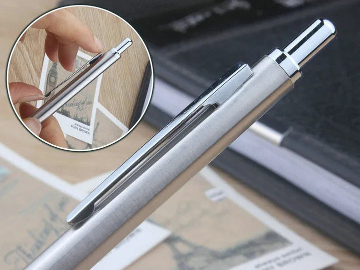Metal automatic mechanical pencil with retractable tip, shown with compatible lead sizes from 0.3mm to 3.0mm.
