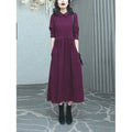 Purplish red plus size long sleeve dress for women with extra long sleeves and urban office style