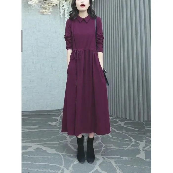 Purplish red plus size long sleeve dress for women with extra long sleeves and urban office style