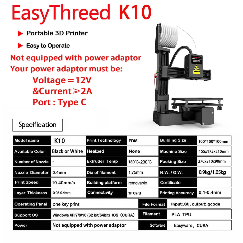 White EasyThreed K10 3D printer with 175mm build volume for TPU and PLA filaments