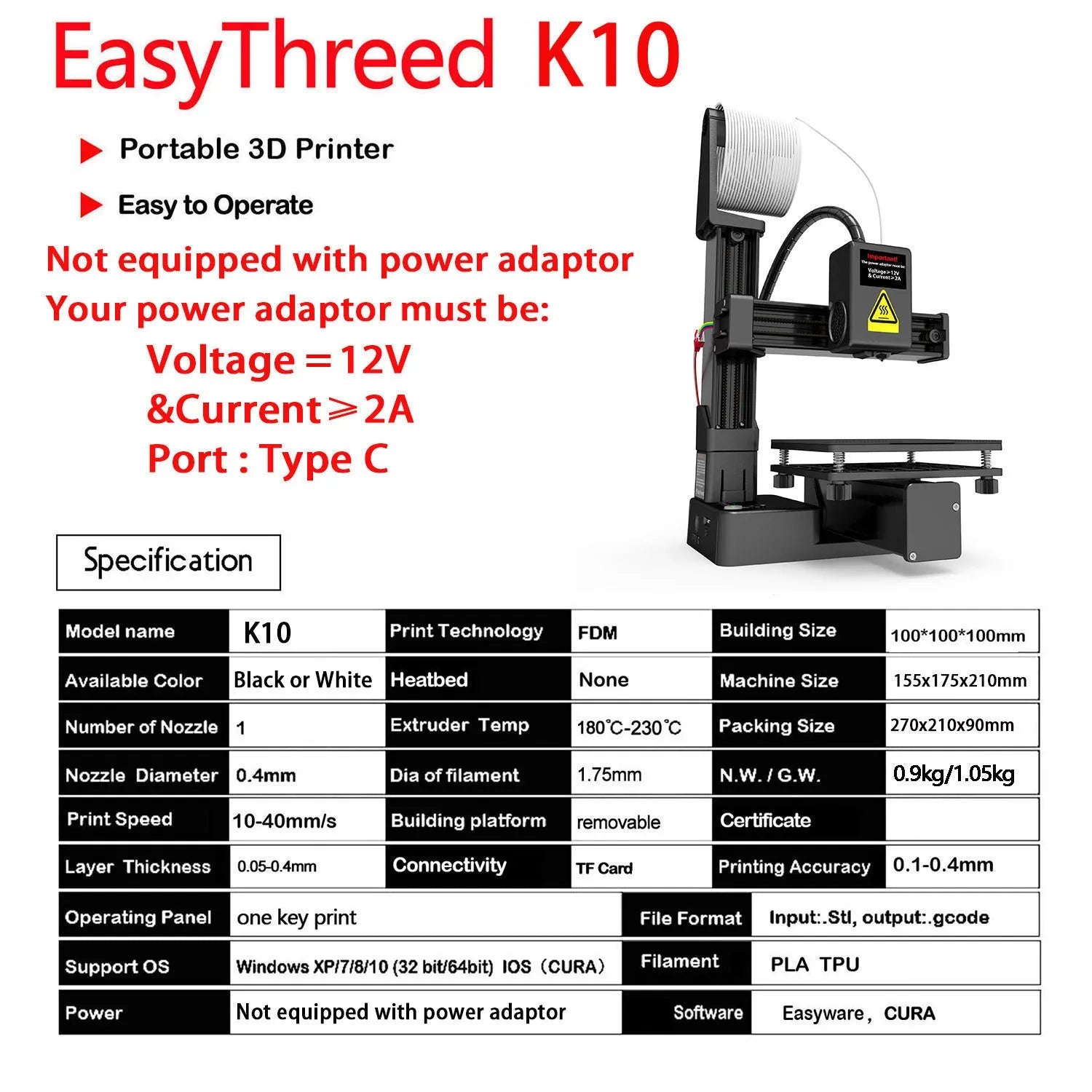 White EasyThreed K10 3D printer with 175mm build volume for TPU and PLA filaments
