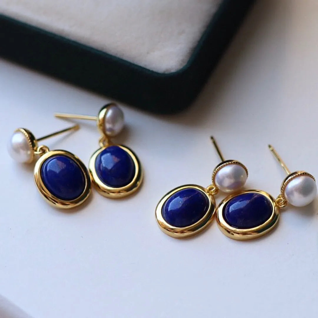 925 silver lapis lazuli pearl dangle earrings with auspicious pattern design.