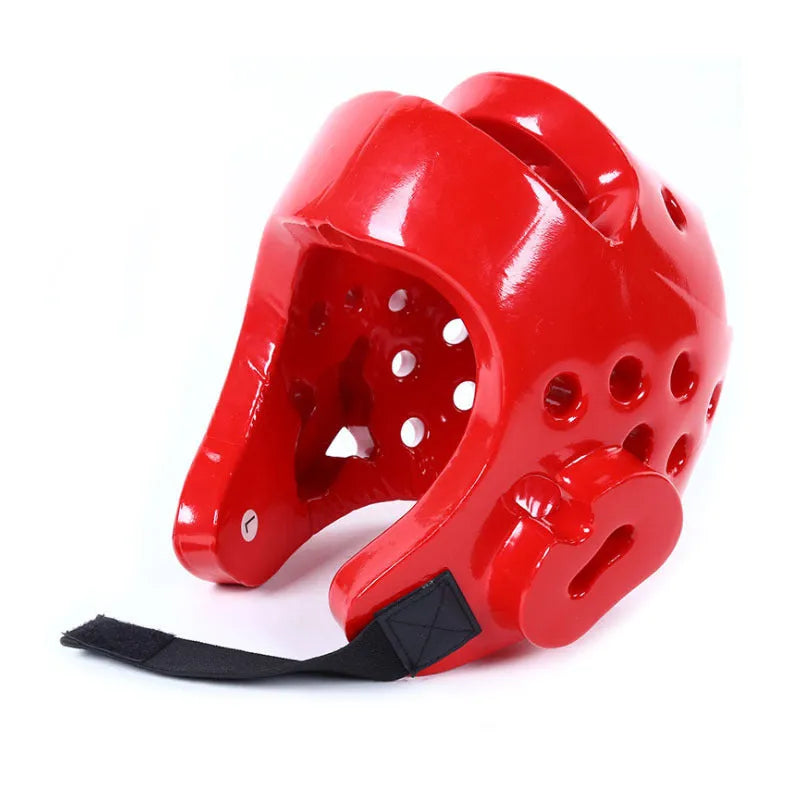 Red and blue karate protective gear set showing a helmet and leg guards made of PU material.