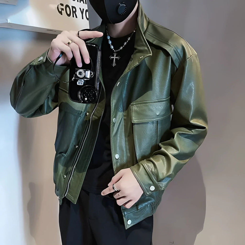 Men's black Korean style straight hem PU leather jacket for spring and autumn wear.