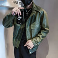 Men's black Korean style straight hem PU leather jacket for spring and autumn wear.