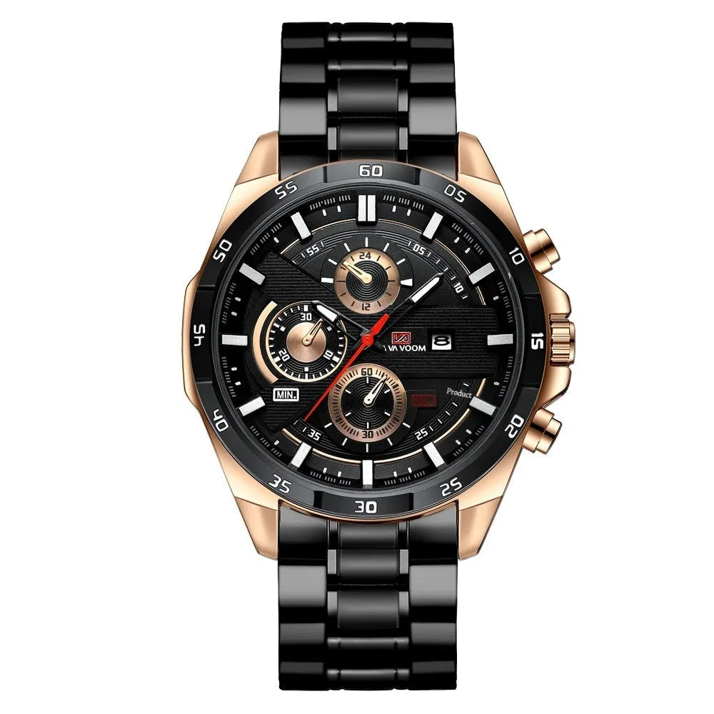 Business casual quartz watch with calendar display and water-resistant construction in multiple colour options
