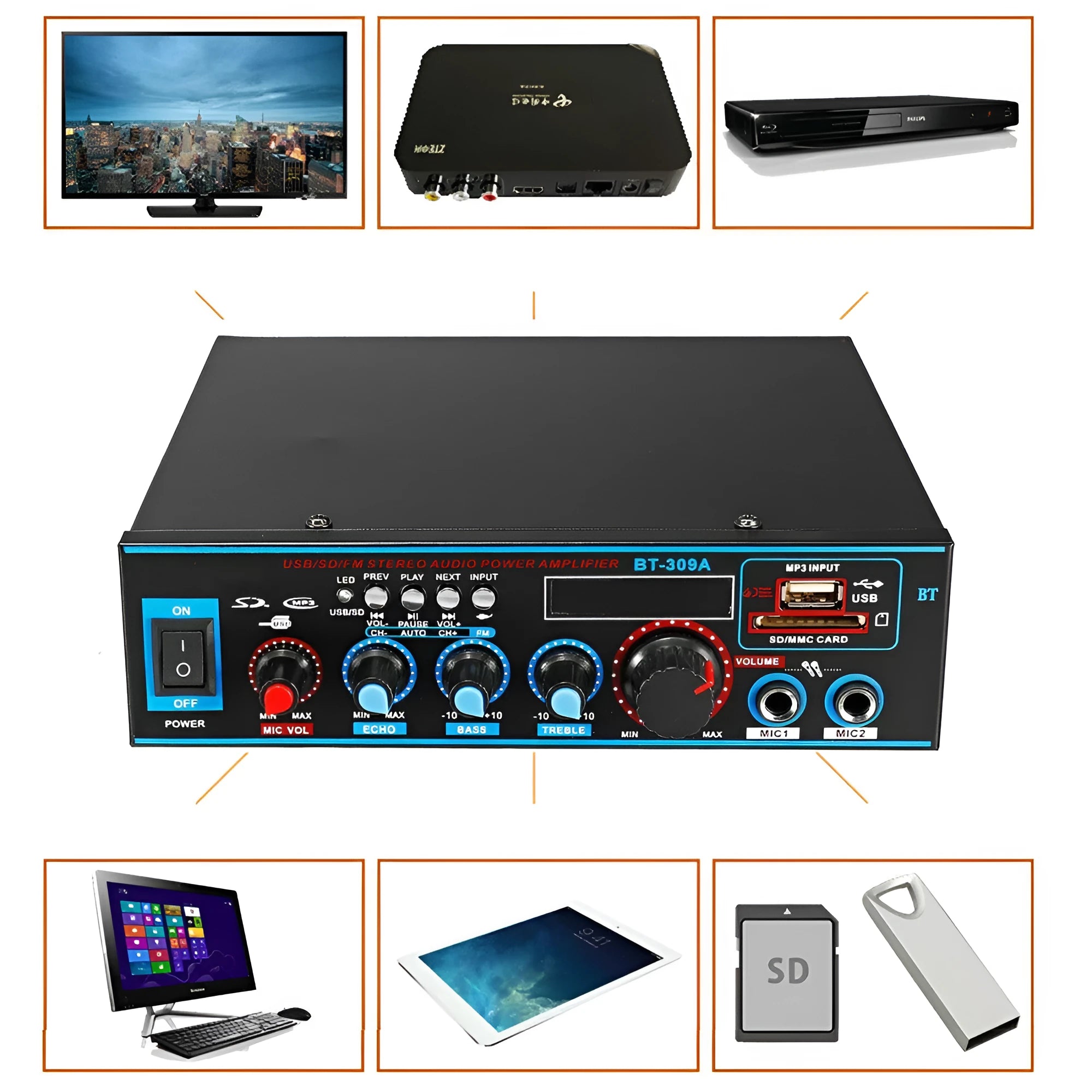 Black BT-309A-A Bluetooth power amplifier with front controls and wire clamp connections
