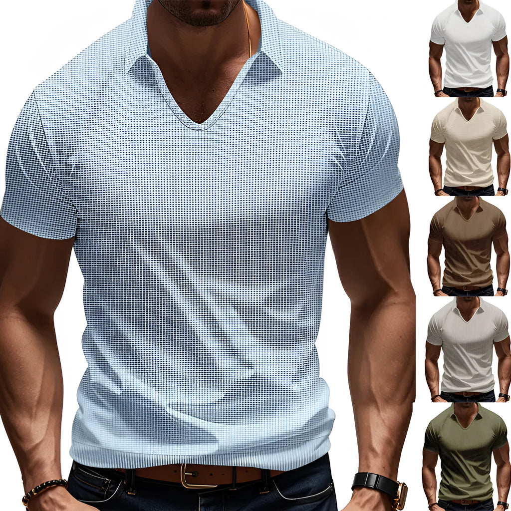Men's casual V-neck loose fit short sleeve t-shirt in cotton blend fabric shown in multiple colour options