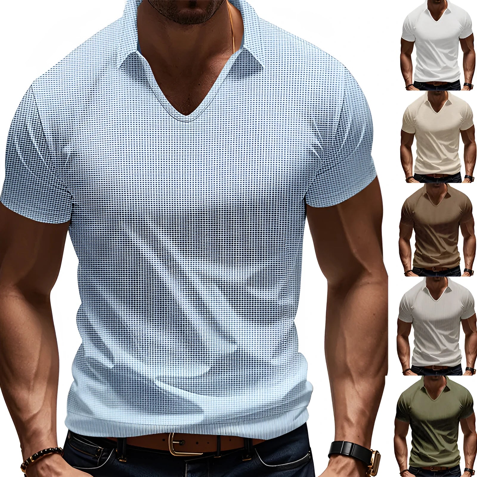 Men's casual V-neck loose fit short sleeve t-shirt in cotton blend fabric shown in multiple colour options