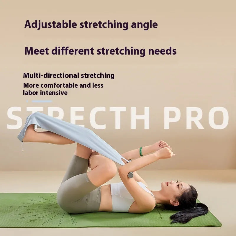 Grey and pink yoga multi-function stretching tool for shoulders, back, and hips on a plain background.