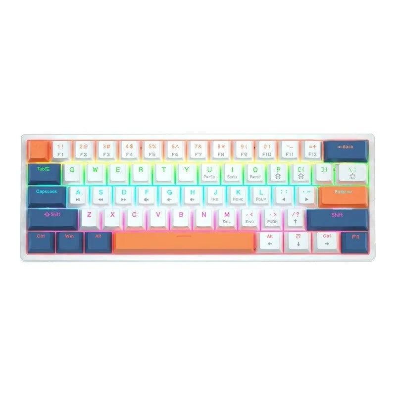 Bluish-black 61-key mechanical keyboard with wired USB cable on desktop