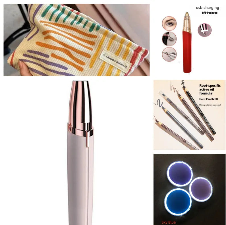 Eyebrow epilator pen with gold plated head and LED light on pink background