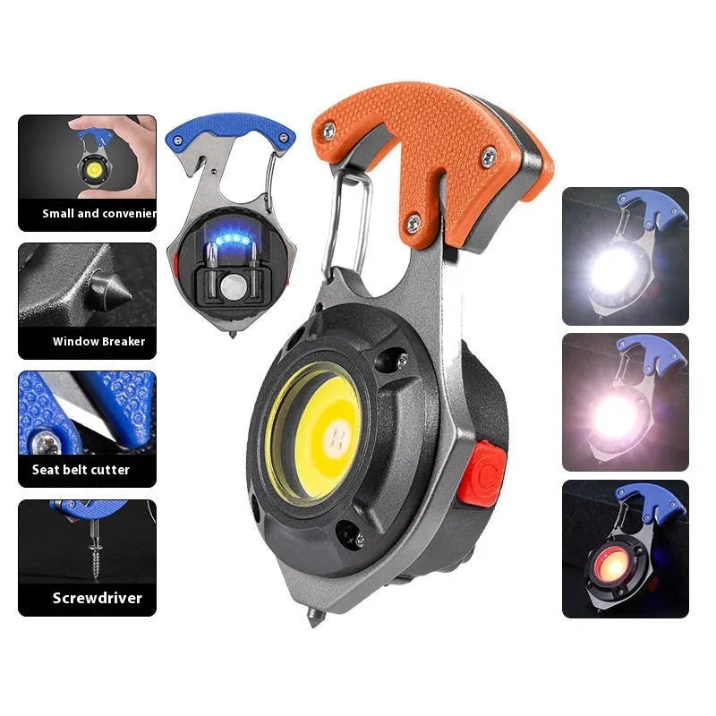 Portable multifunctional keychain flashlight with aluminium body, display screen, and window breaking hammer tip.