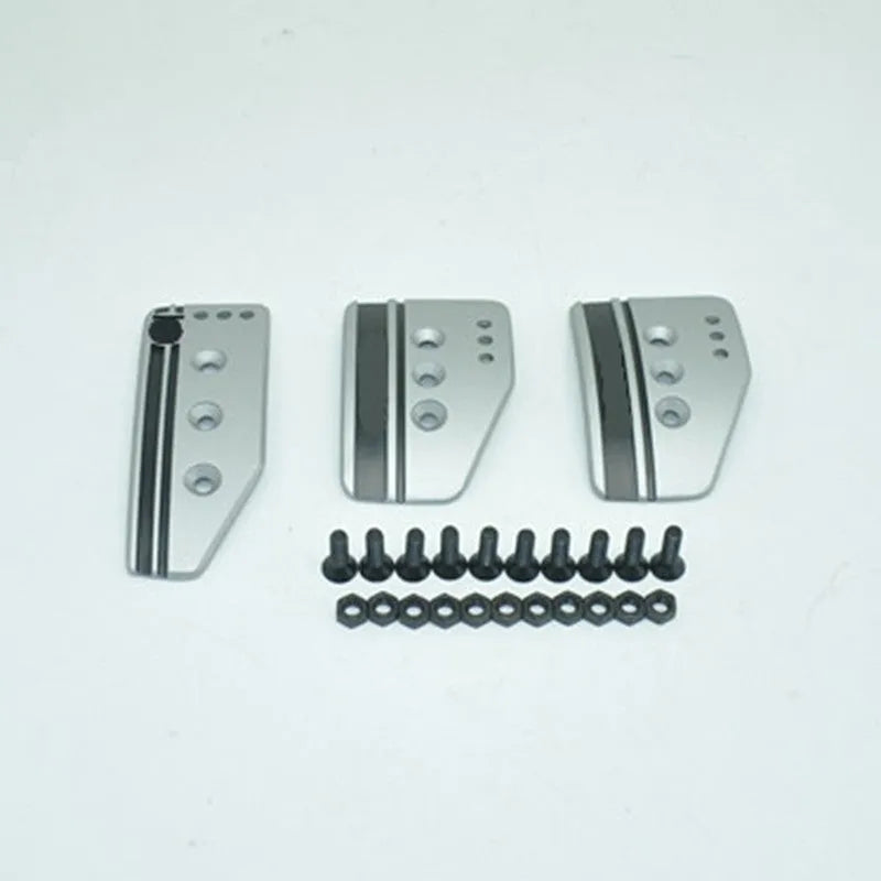 Aluminium manual transmission car pedal set showing brake, accelerator and clutch pedals