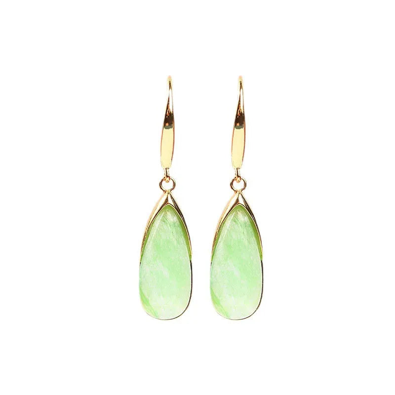 Retro Chinese-style geometric earrings with jade green electroplated finish and water droplet design on copper base