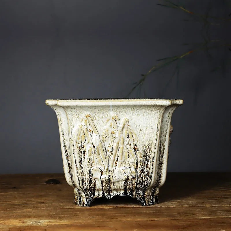Square ceramic stoneware flower pot with decal pattern 22cm caliber green glaze change finish