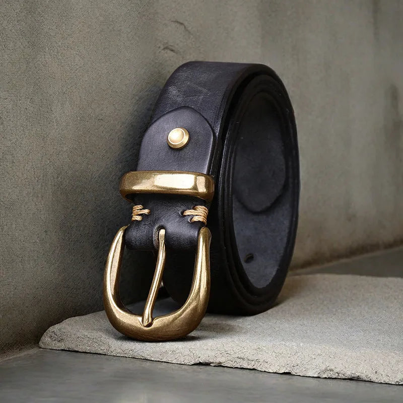 Men's leather belt with copper buckle in black, brown and khaki colours