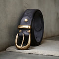 Men's leather belt with copper buckle in black, brown and khaki colours