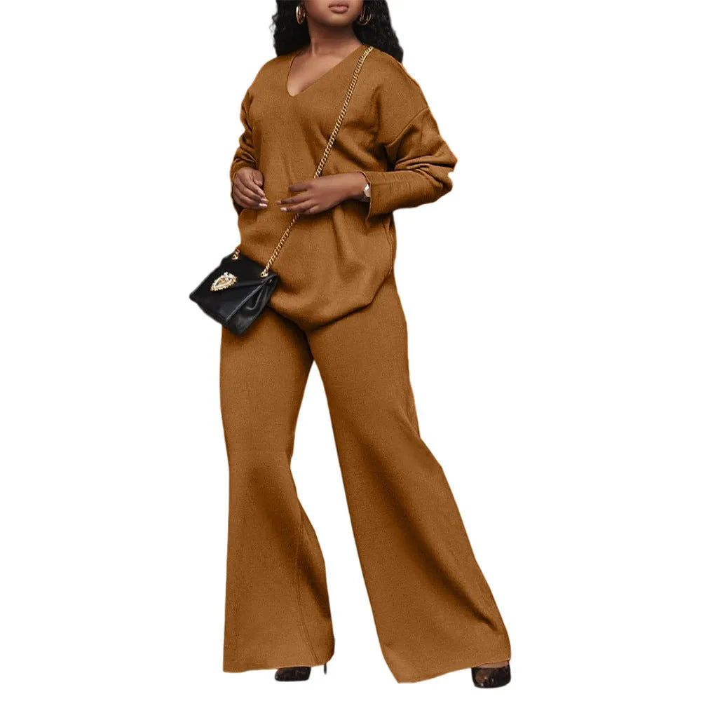 Women's brown suede velvet two-piece suit with split sleeves and matching trousers in Japanese casual style