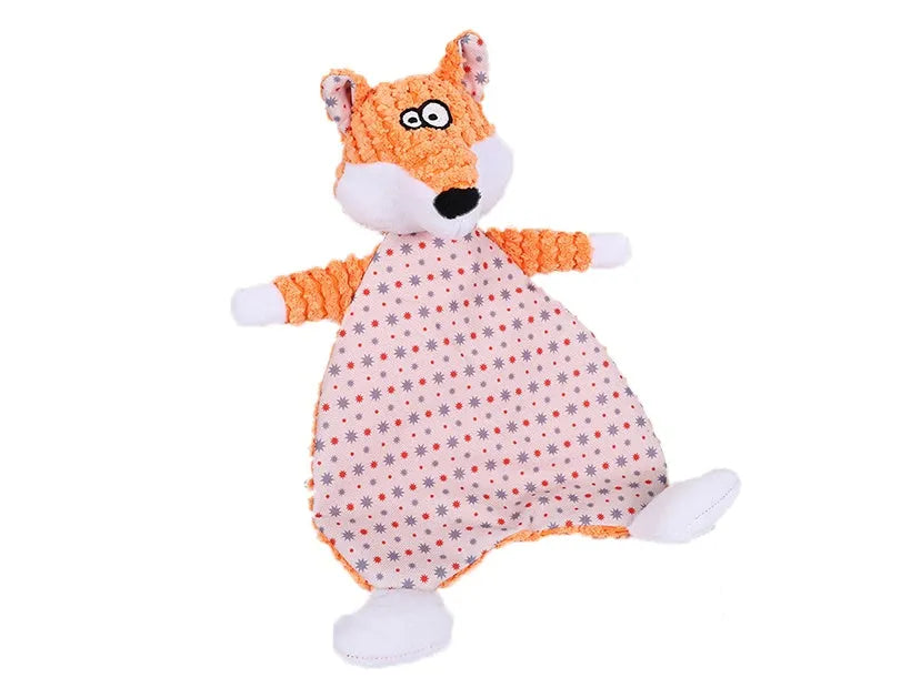 Pet stuffed toy showing fox, elephant, and dinosaur designs in brown, grey, and orange colours with soft velvet material