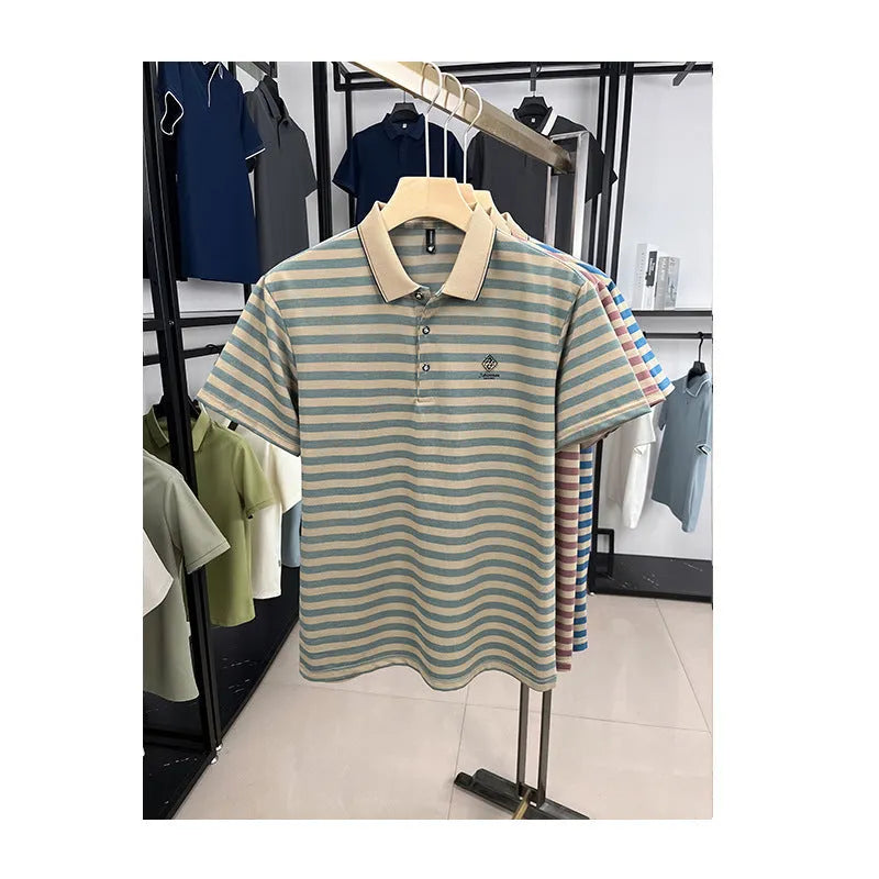 Striped men's casual short sleeve t-shirt with mosaic pattern detail in polyester, available in red, blue, and green colours
