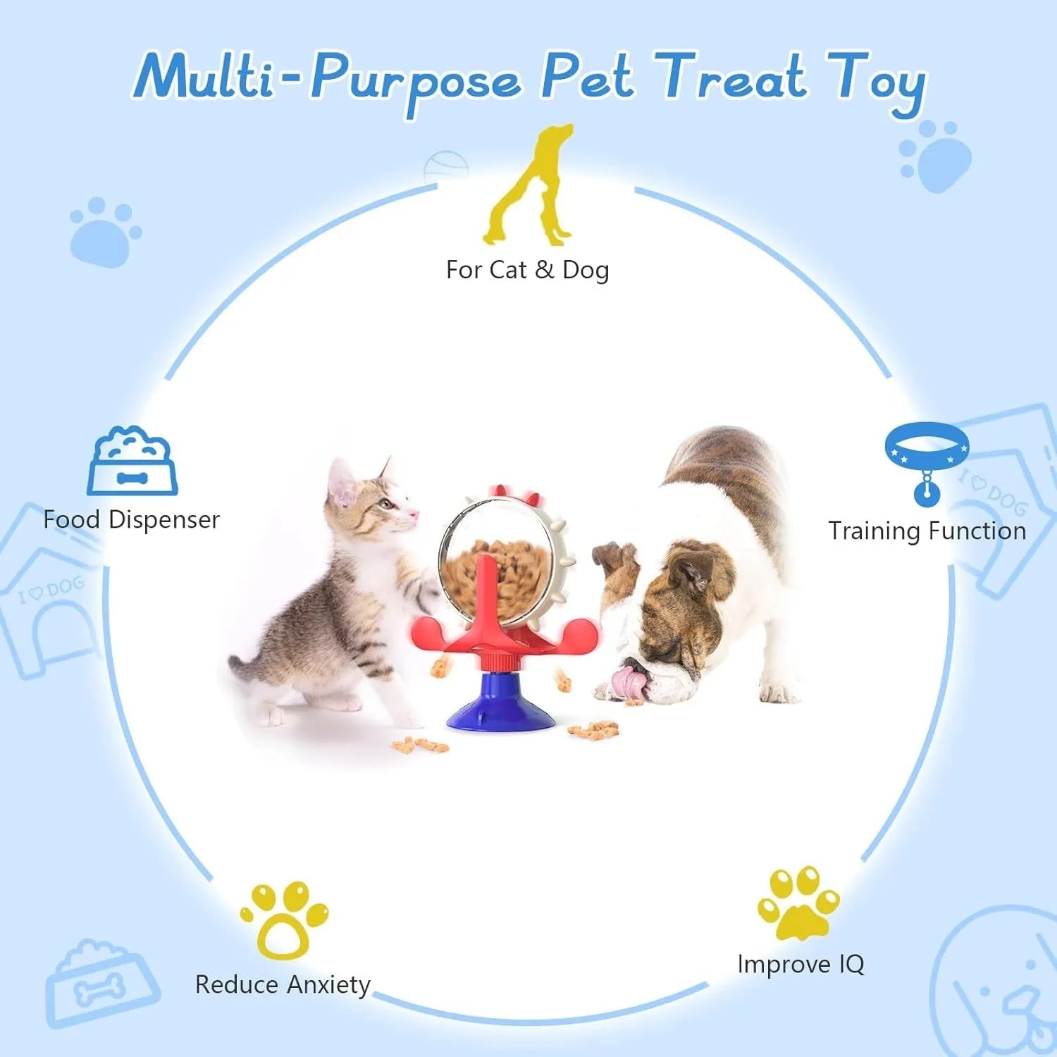 Interactive pet spinner toy in blue, green, red, or yellow with treat holes and suction base.