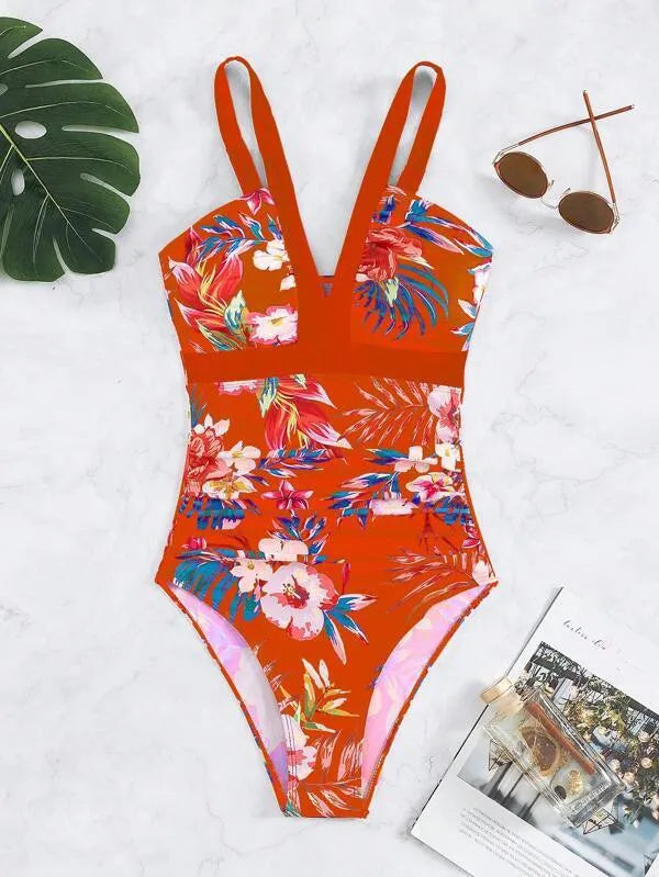Women's floral pattern one-piece swimsuit with backless design in multiple colour options