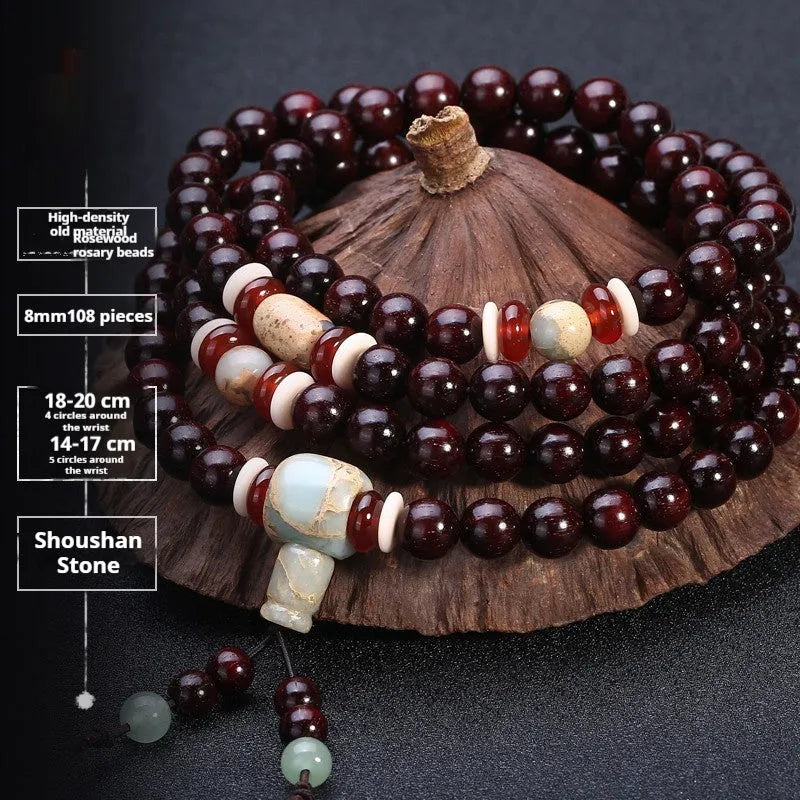 Men's rosewood bead bracelet with 108 beads, shown in a choice of lapis lazuli, turquoise, or red agate styles.