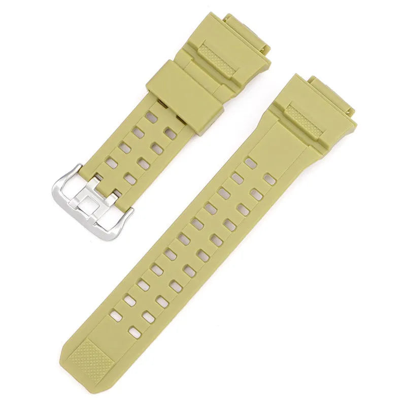 Camouflage pattern TPU watch strap with silver buckle closure shown in multiple colour options