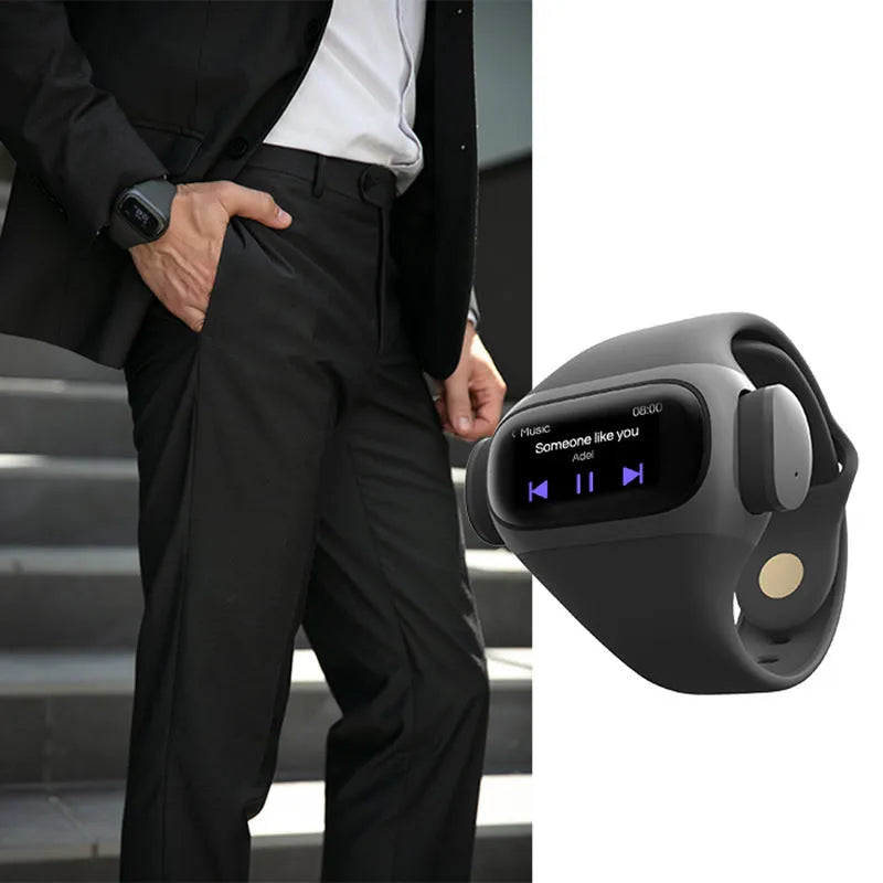 Wrist Wear true wireless Bluetooth headset with 1.2 inch touch screen and silicone wristband in grey